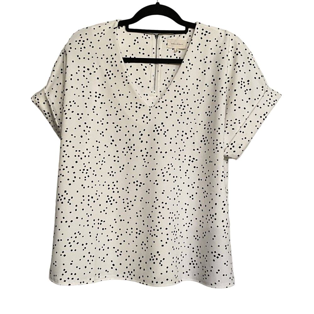 Melloday‎ Top Short Sleeve Geometric Vneck Pullover Womens Large EUC